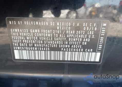 2019 Volkswagen Jetta 1.4T R-Line/1.4T S/1.4T Se z USA, uszkodzony, nr VIN 3VWC57BU6KM194425